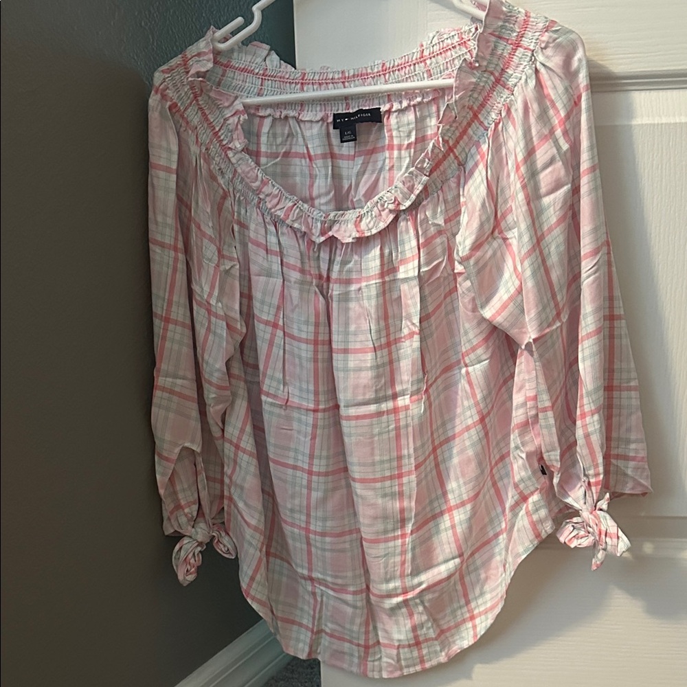 Tommy Hilfiger Pink Plaid off shoulder Blouse